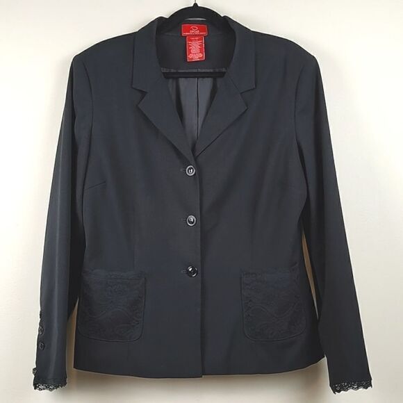 Oscar De La Renta 3 Button Blazer Jacket with Black Lace Details Size 16 Vintage - Picture 1 of 11